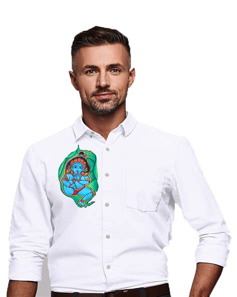 Alila krishna hand mural painting on white cotton shirt – Kasavumana Murals