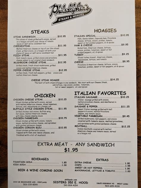 Menu at Philadelphia's Steaks & Hoagies restaurant, Sisters