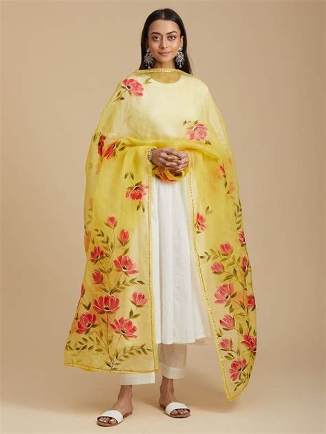 Buy Off White Hand Painted Organza Silk Dupatta | RIVA601/RIVA6 | The loom