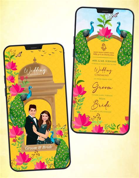 Caricature Wedding Invitation PDF Card | Elegant Peacock & Lotus Theme ...