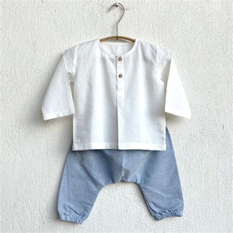 Kids Unisex Organic Cotton Essential White Kurta and Blue Chambray ...