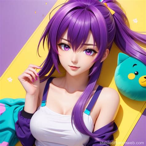 Hot Anime Character with Purple Hair Lying Down | Stable Diffusion Online