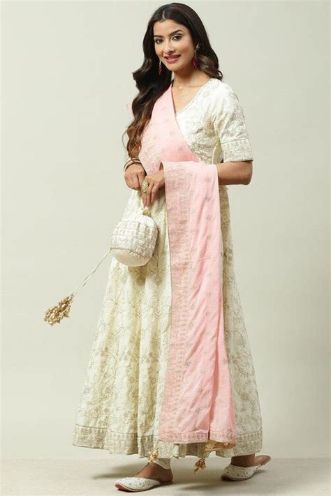 Off White Cotton Anarkali Kurta Churidar Suit Set