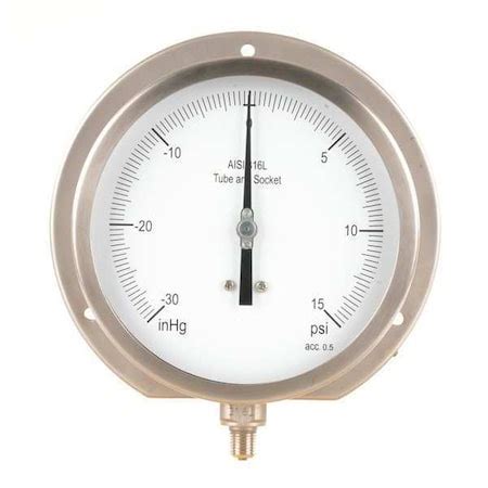 Zoro Select Process Compound Gauge, 30 to 0 to 15 psi, 6 Dial, 1/4 in ...