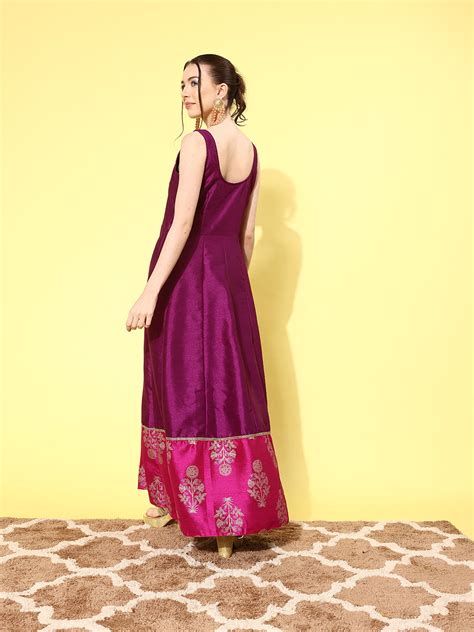 Purple Poly Silk Printed Maxi Dress