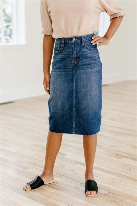 'Rae' High-Waist Denim Skirt in Dark Wash | Denim skirts knee length ...