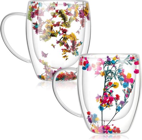 Amazon.com | Rtteri 2 Pcs Double Wall Glass Coffee Mugs Clear Flower ...