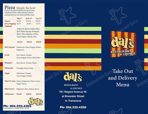 Menu at Dal's Restaurant & Lounge, Winnipeg, 701 Regent Ave W