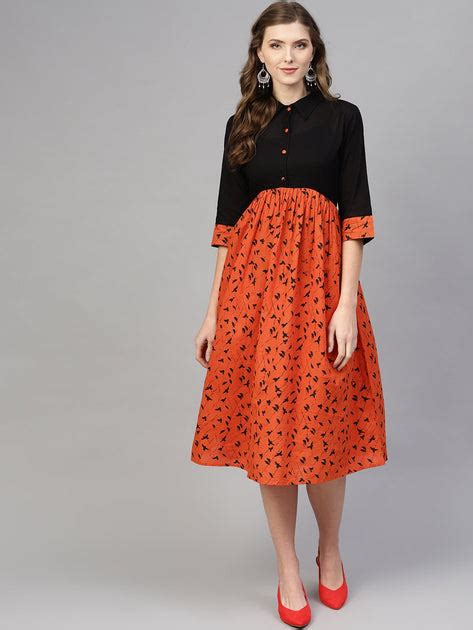 Orange & black Gathered Dress with shirt collar & 3/4 sleeves – Nayo ...