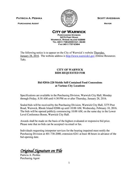 Fillable Online warwickri CITY OF WARWICK BIDS REQUESTED FOR ...
