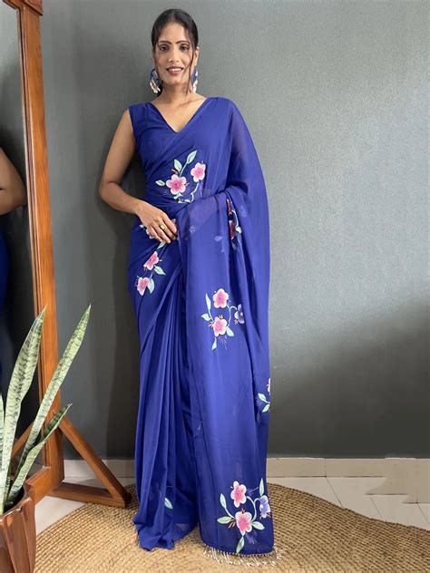 ⚡️Buy Charming Blue Floral Print Georgette Ready To Wear Saree With ...