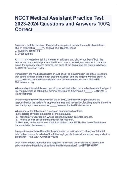 NCCT Medical Assistant Practice Test Questions and Answers 100% Correct ...