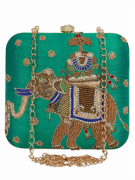 Anekaant Rama Green & Gold Vista Embellished Faux Silk Clutch