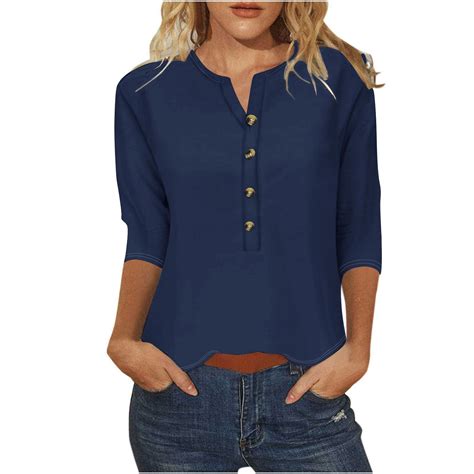 Scyoekwg Womens 3/4 Sleeve Shirts Casual V-Neck Button Three-quarter ...