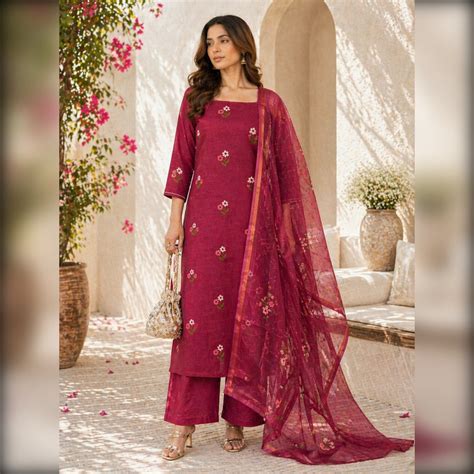 Unstitched Maroon Suit Set in Soft Kota Doria Adorned with Floral Embr