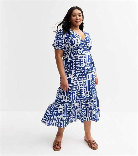 Curves Blue Fish Abstract Print Midi Dress | New Look