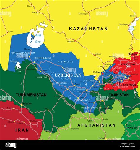 Highly detailed vector map of Uzbekistan with administrative regions, main cities and roads ...