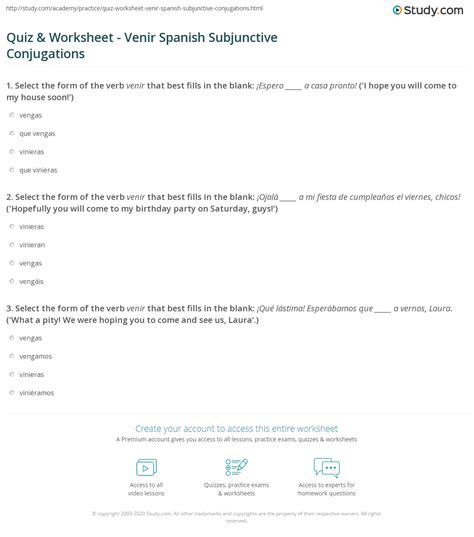 Quiz & Worksheet - Venir Spanish Subjunctive Conjugations | Study.com