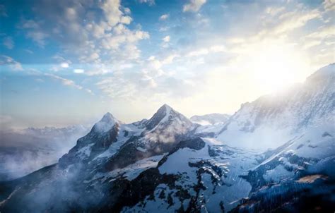 Wallpaper winter, the sky, the sun, clouds, snow, landscape, mountains ...