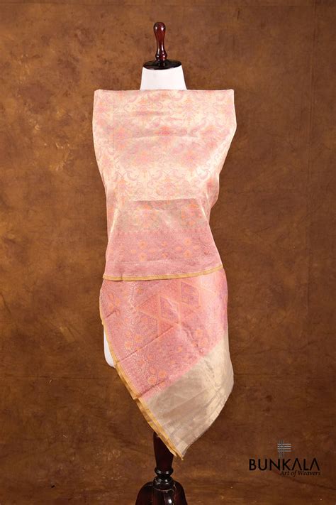 Shop Golden Pink Floral Handloom Banarasi Pure Tissue Silk Dupatta ...