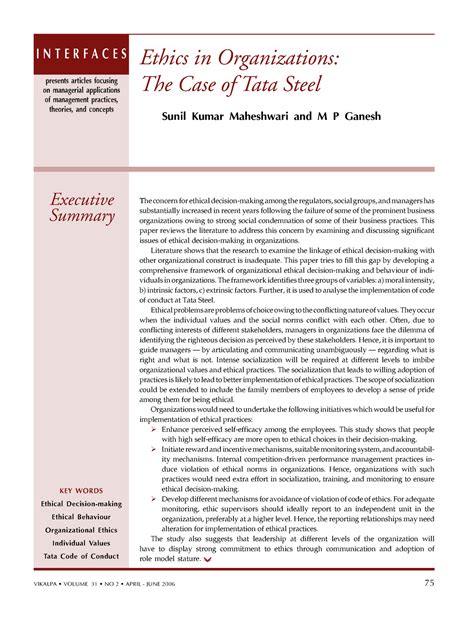 Ethics Tata Steel - Ethics in Organizations: The Case of Tata Steel ...