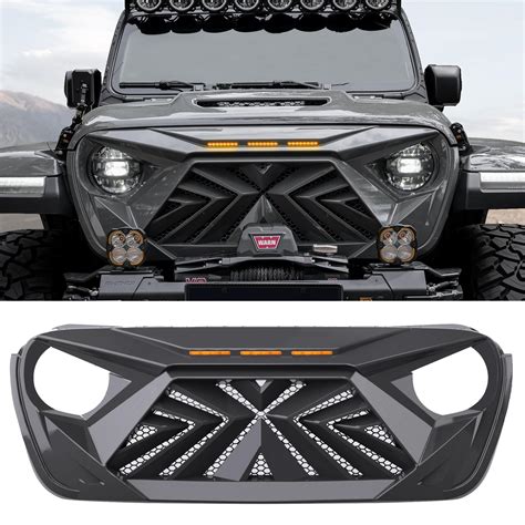 Seven Sparta Front Grill with 3 Amber LED Lights Compatible with 2018-2023 Jeep Wrangler JL JLU ...