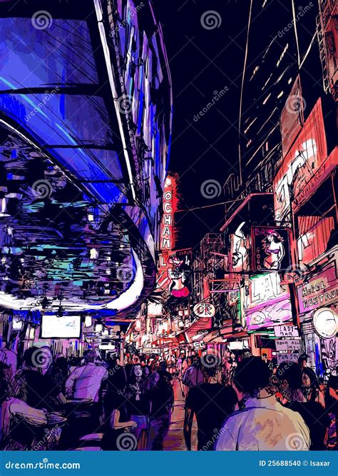 Nightlife in a Street of Bangkok in Thailand Stock Vector ...