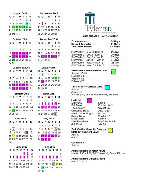 2016 - 2017 School Calendar | Tyler Independent School District – Tyler, TX