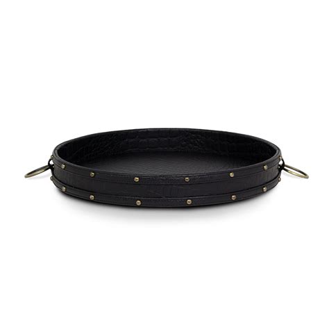 Eden Round Tray In Genuine Croco Leather Black