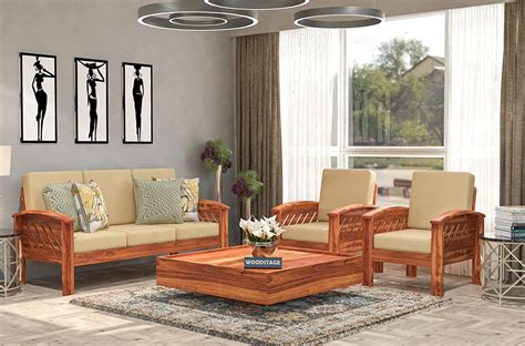 WOODSTAGE Solid Sheesham Wood 5 Seater Sofa Set for Home Wooden 3+1+1 ...