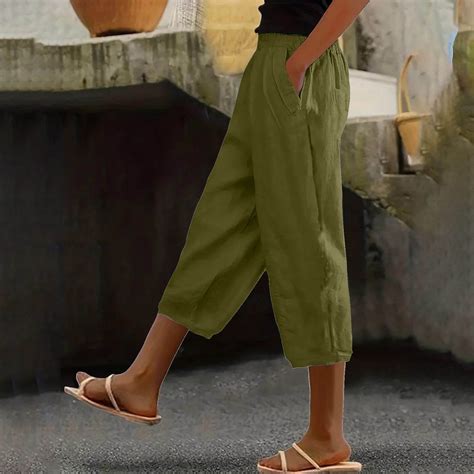 CLOISE Womens Capris with Pockets Stretch Wide Leg Pants Elastic High ...