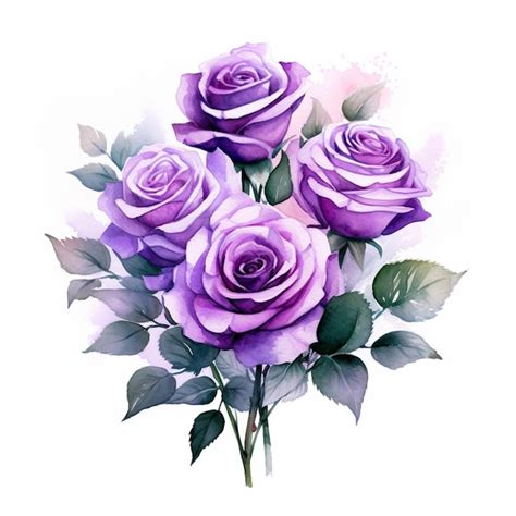 Purple roses with green leaves on a white background generative ai ...
