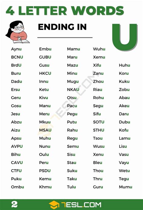 4 Letter Words Ending in U (175 Words in English) • 7ESL