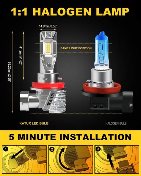 KATUR H11 LED Headlight Bulbs KATUR LED Bulb Mini Size Plug and Play ...