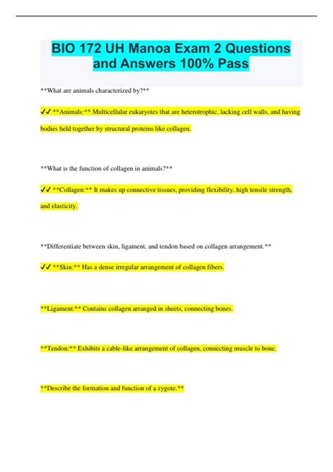 BIO 172 UH Manoa Exam 2 Questions and Answers 100% Pass - BIO 172 UH ...