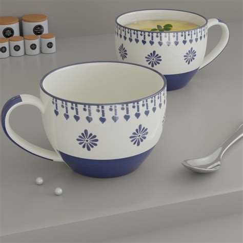 The Earth Store Drape White Blue Ceramic Soup Bowls with Handle ...