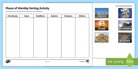 Places of Worship Sorting Activity
