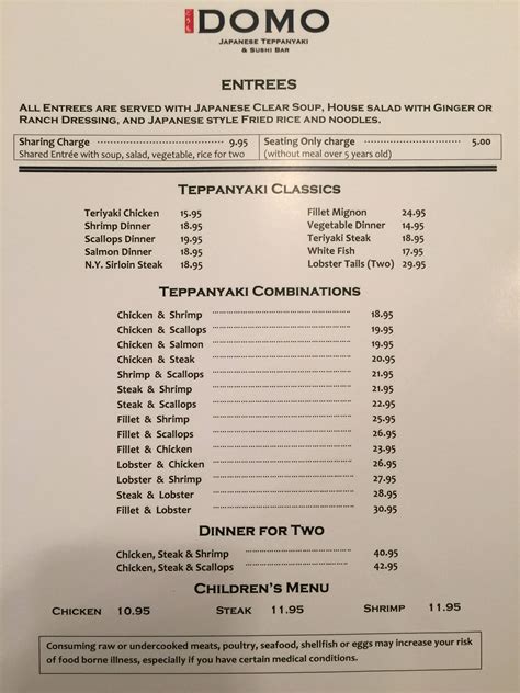Menu at Domo Japanese Steakhouse & Sushi Bar, Fleming Island