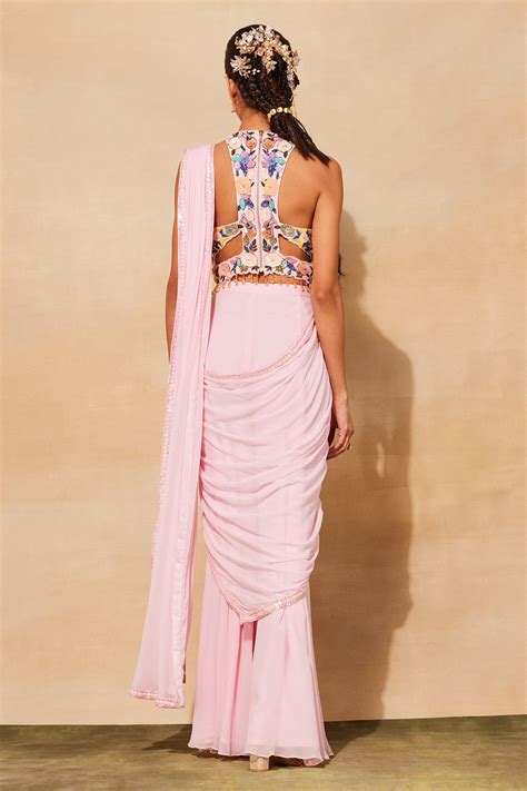 BLUSH PINK FLORAL EMBROIDERED SAREE SET