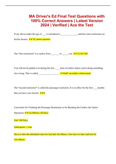MA Driver's Ed Final Test Questions with 100% Correct Answers | Latest ...