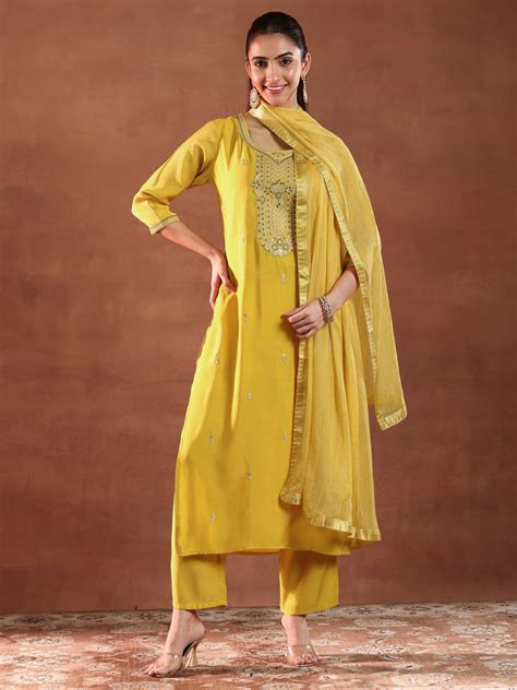 Buy Yellow Yoke Design Silk Blend Straight Suit With Dupatta Online at ...