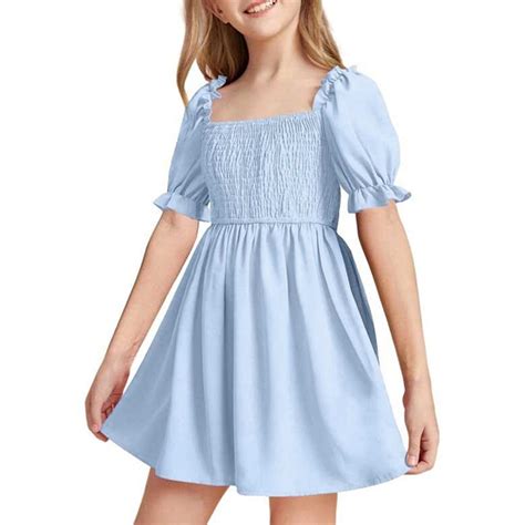 Little Girl Dresses Puff Sleeve A-Line Tiered Swing Casual Blue Dresses ...