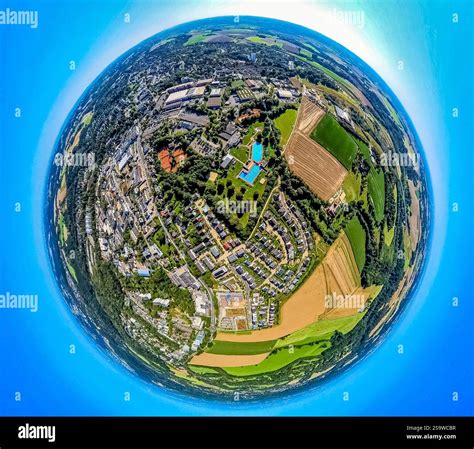 Aerial view, outdoor and indoor swimming pool Heljensbad, tennis courts ...