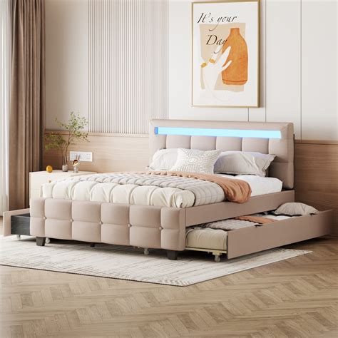 Queen Size Upholstered Platform Bed with LED, Twin XL Size Trundle and ...
