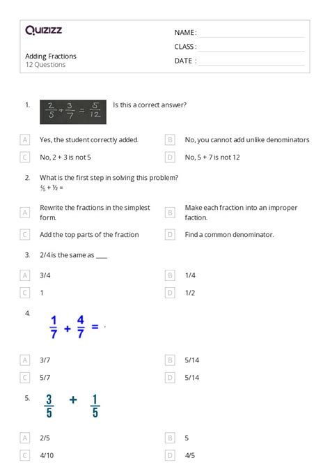 50+ Adding Fractions worksheets for 5th Class on Quizizz | Free & Printable