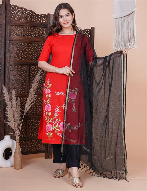 Red Hand Painted Kurta with Pant and Dupatta (3 Nos in 1 Set) – Kajodi