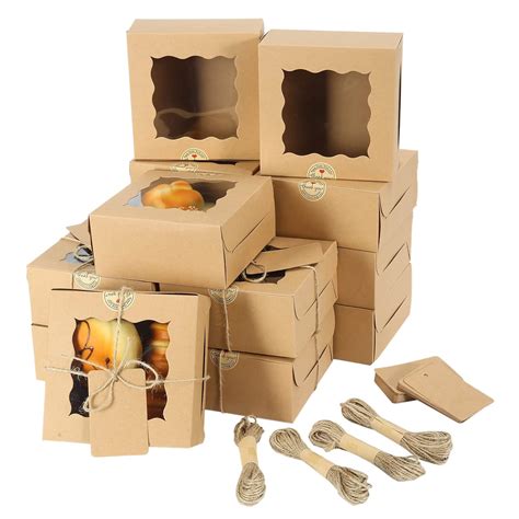 QianChi 50pcs 6x6x3 Inches Brown Bakery Boxes with Window Cookie Boxes ...