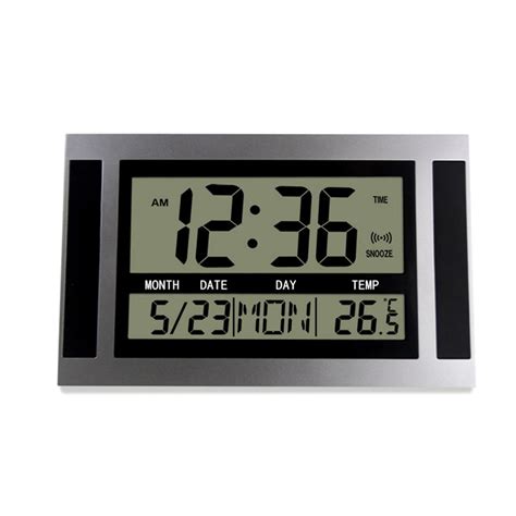 Digital Wall Clock LCD Number Time Temperature Calendar Alarm Silver ...