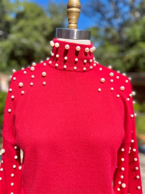 VINTAGE CASHMERE Sweater/80s Red Cashmere Sweater/pearl Trim Sweater ...