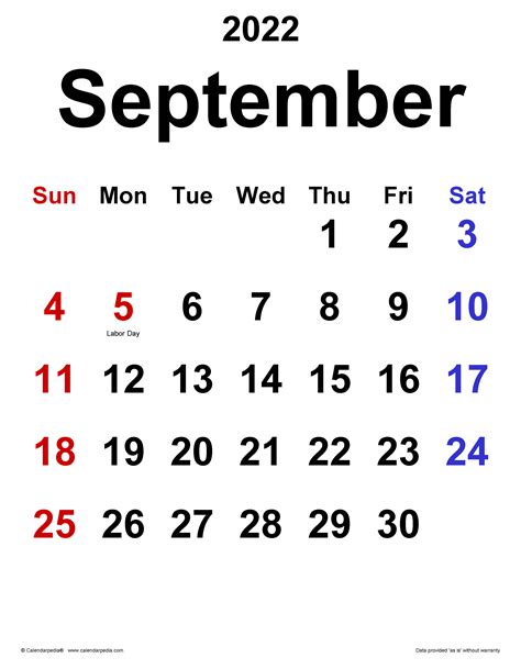 September 2022 Calendar | Templates for PDF, Excel and Word